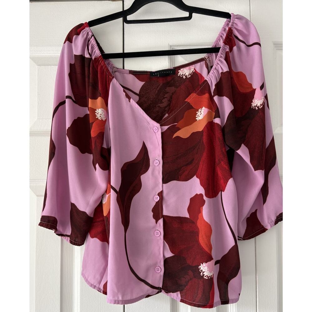 Sanctuary Women's Pink Short Sleeve Button Front Blouse Cropped Top Size L
